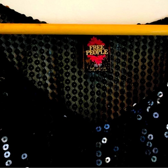 Vintage Free People Black Sequin Sheer Cap Sleeve Blouse - Picture 7 of 16